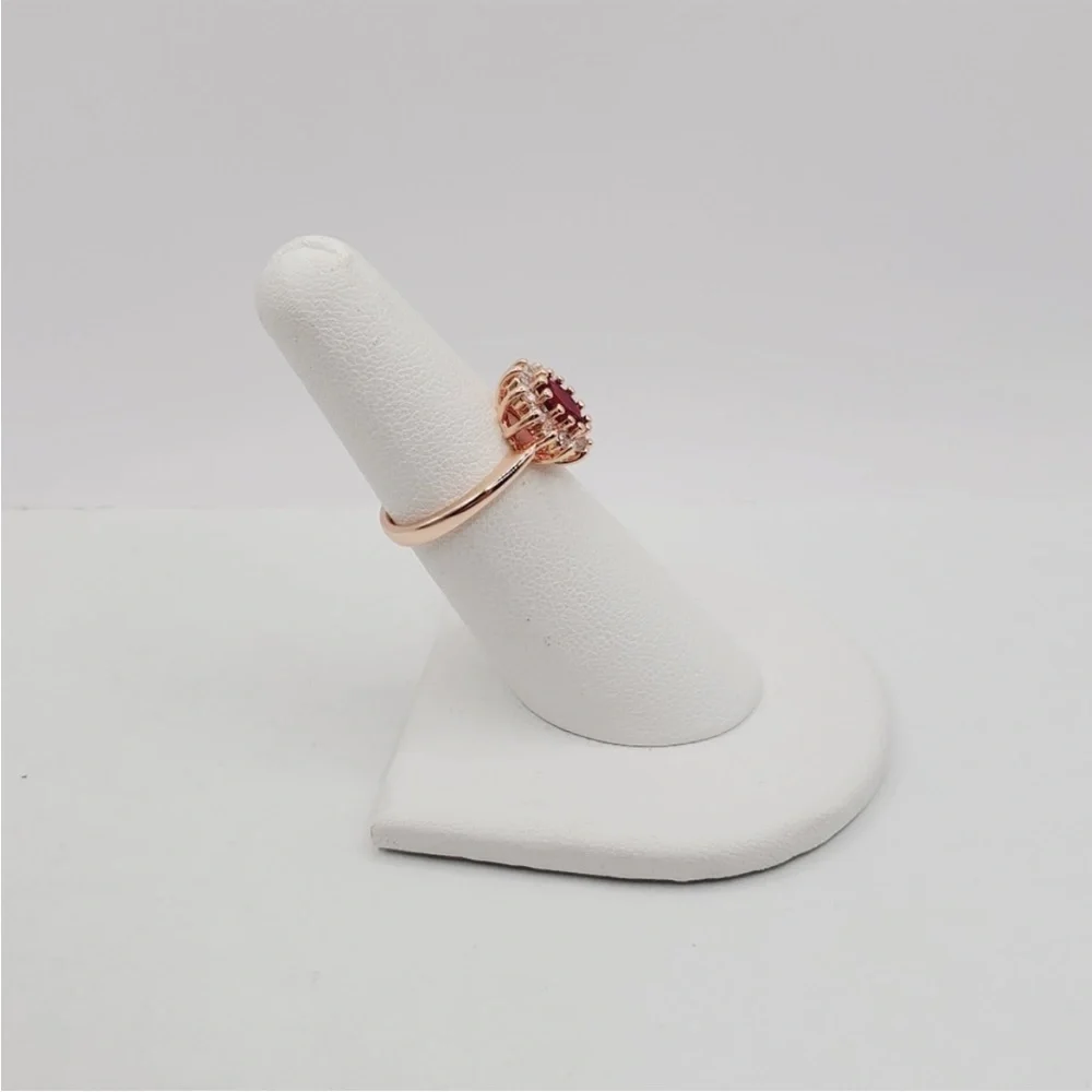 Red Oval Cut Ruby Simulant 18k Pink Rose Gold Tone Diamond Simulants Halo Ring